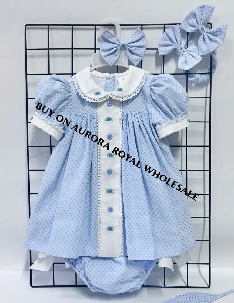 NEW SEASON🍁PACK OF 5 SIZES AUGUSTA BLUE🩵HAND-EMBROODERED🧵🪡DAY DRESS BLOOMERS & HAIR ACCESSORIES🎀🎀 BABY/TODDLER OUTFIT