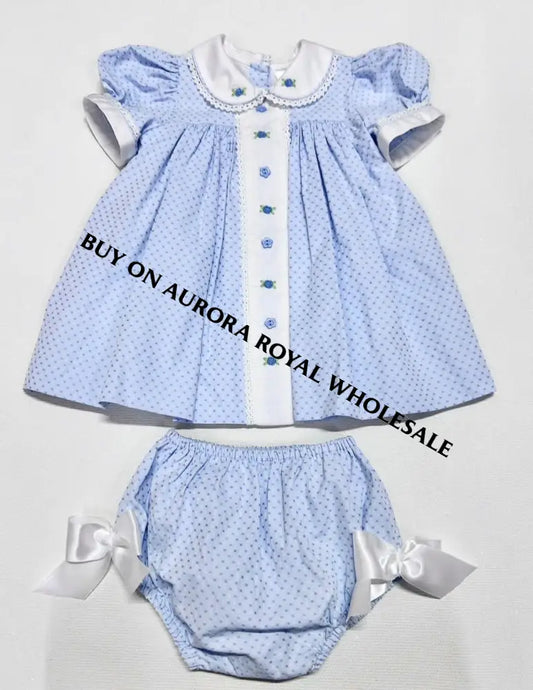 NEW SEASON🍁PACK OF 5 SIZES AUGUSTA BLUE🩵HAND-EMBROODERED🧵🪡DAY DRESS BLOOMERS & HAIR ACCESSORIES🎀🎀 BABY/TODDLER OUTFIT