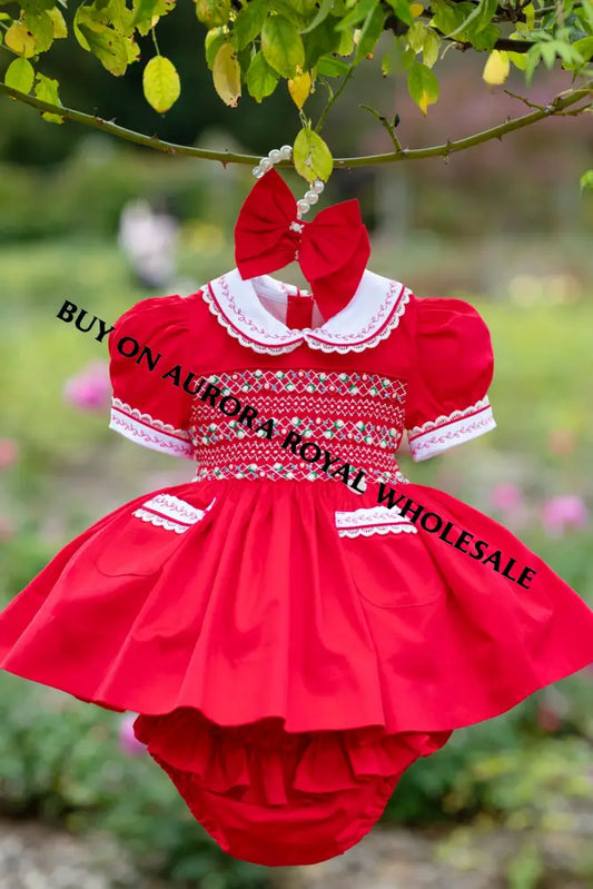 NEW SEASON🎄PACK OF 5 SIZES ISABELLA RED❤️HAND-SMOCKED🧵🪡👑DRESS & ACCESSORIES🎀❄️ - DRESS