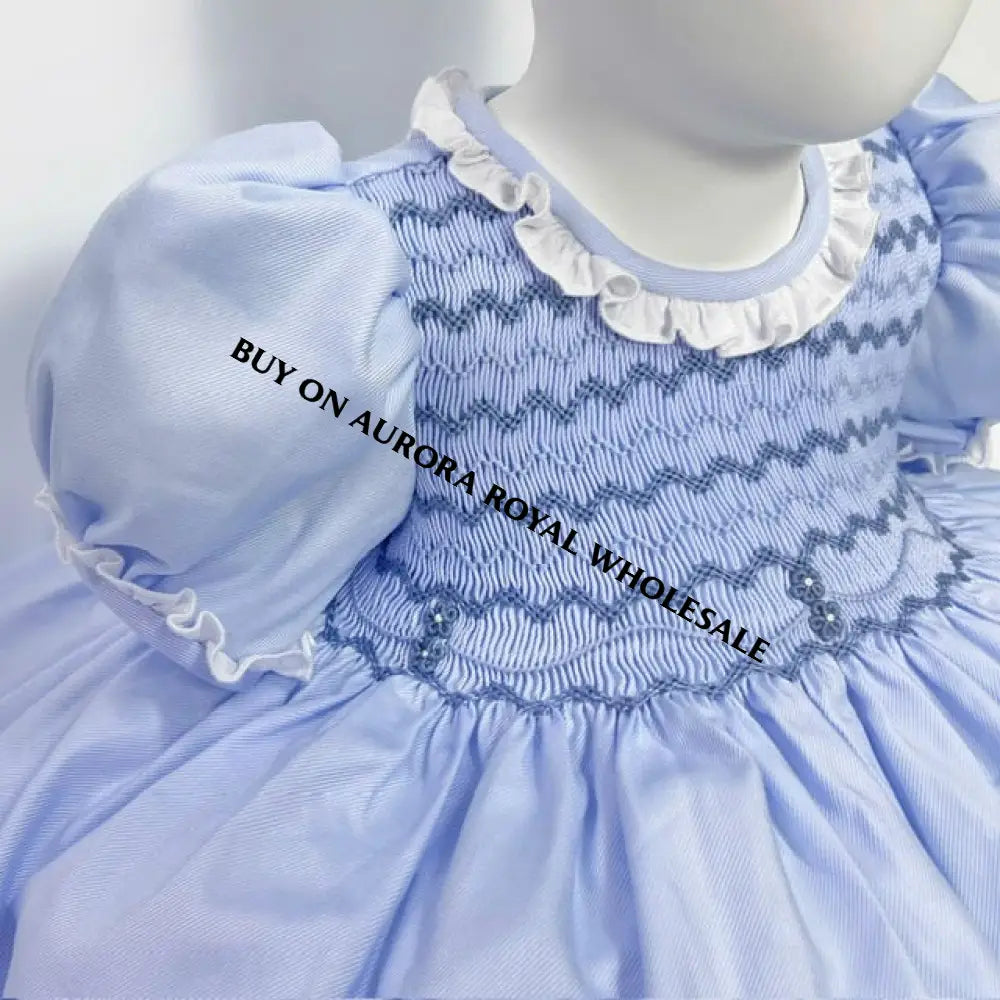 New Season🌱🕊️Pack Of 5 Sizes Nancy Blue🩵Hand-Smocked Dress Panties Bonnet & Hair