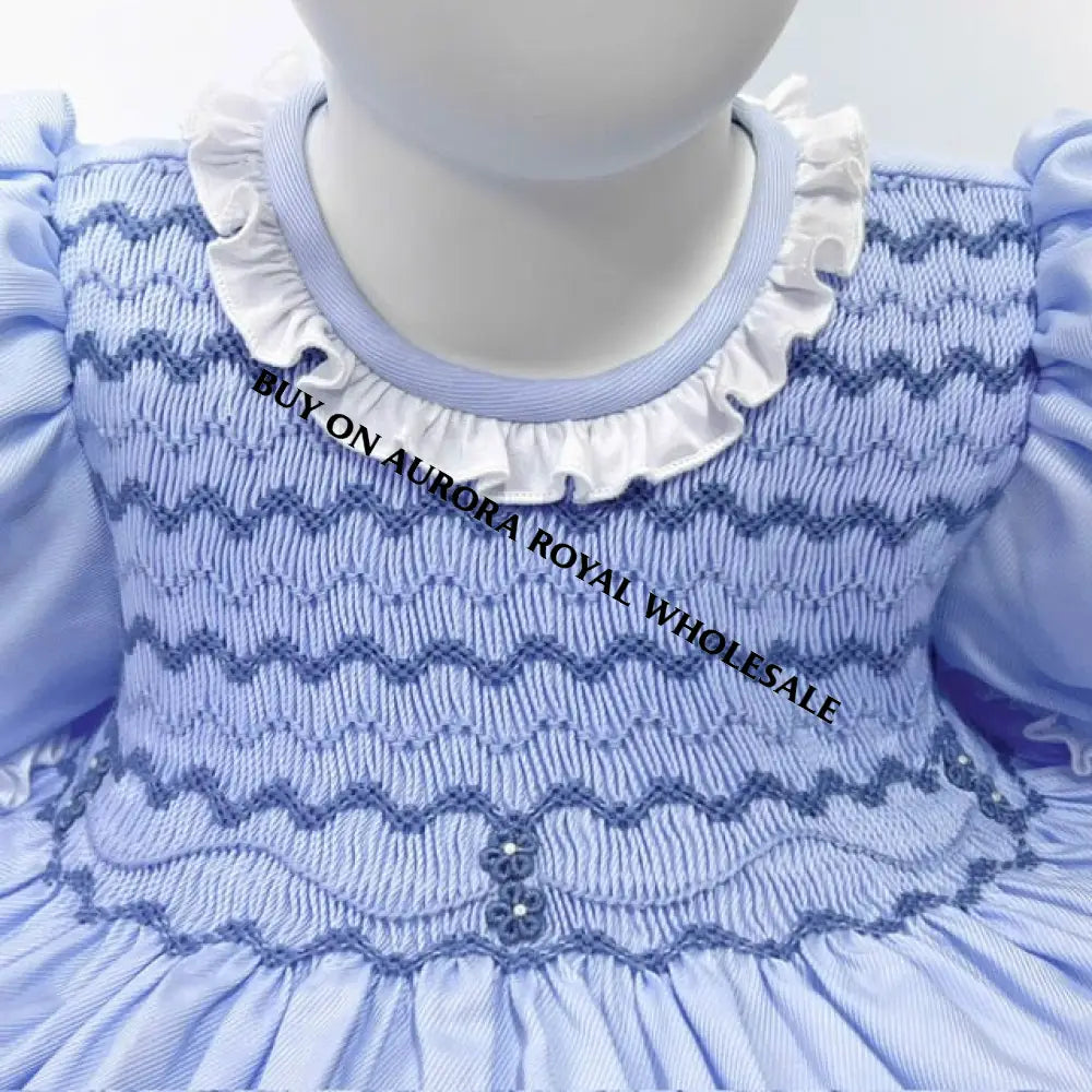 New Season🌱🕊️Pack Of 5 Sizes Nancy Blue🩵Hand-Smocked Dress Panties Bonnet & Hair