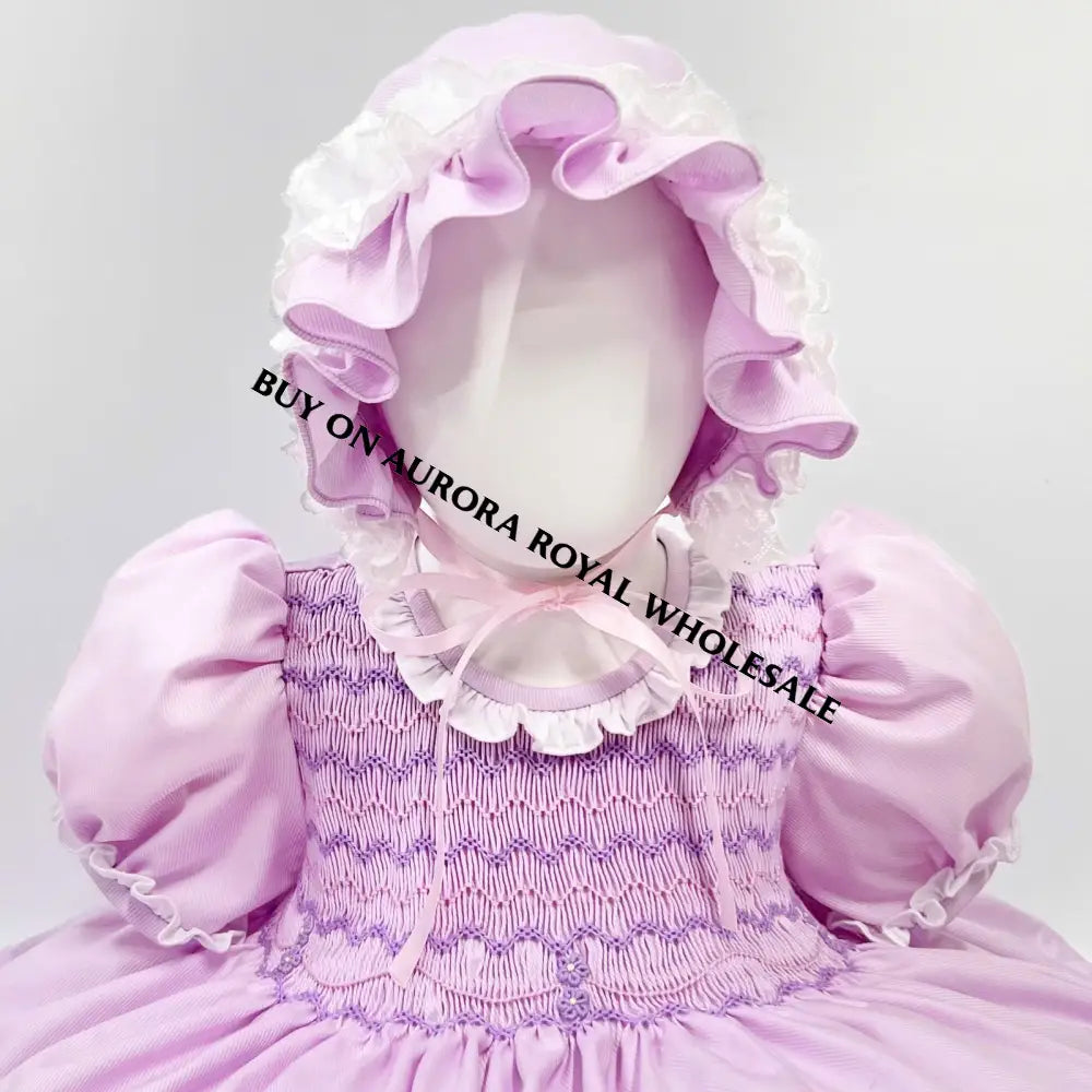 New Season🤩Pack Of 5 Sizes Nancy Lilac💜Hand-Smocked Dress Panties Bonnet & Hair