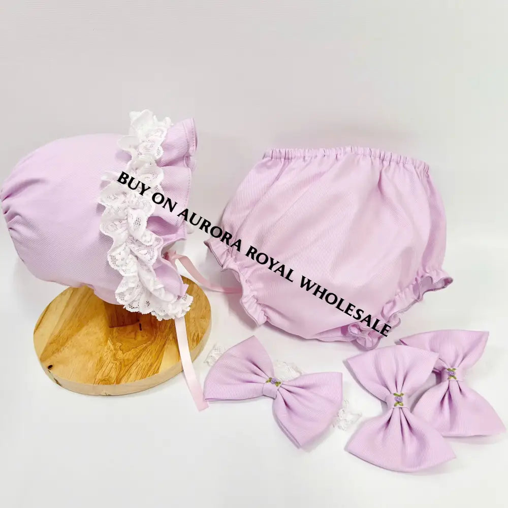 New Season🤩Pack Of 5 Sizes Nancy Lilac💜Hand-Smocked Dress Panties Bonnet & Hair