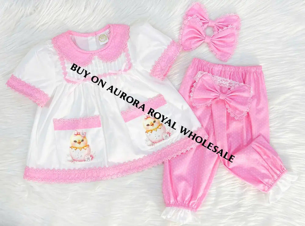 New Season🐣Pack Of 7 Sizes Hen-Len White & Pink Polka Dot Pyjama Hair Bows🎀🎀 Baby-Toddler Dresses