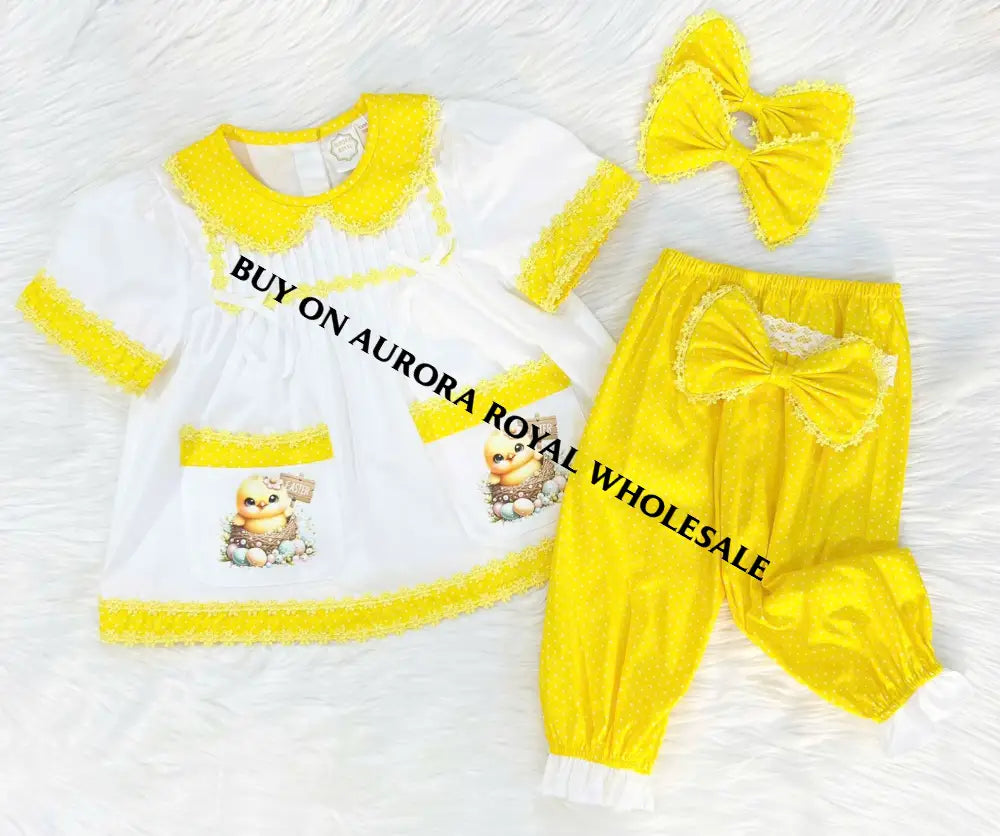 New Season Pack Of 7 Sizes 🤩Hen-Len White & Yellow Polka Dot Pyjama Hair Bows🐣🌱 Baby-Toddler Dresses