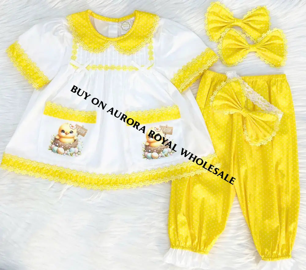 New Season Pack Of 7 Sizes 🤩Hen-Len White & Yellow Polka Dot Pyjama Hair Bows🐣🌱 Baby-Toddler Dresses