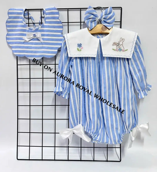 NEW🤩PACK OF 4 SIZES VIVI BLUE🩵STRIPED HAND EMBROIDERED🧵🪡BABY ROMPER BIB & HAIR ACCESSORIES🎀 BABY/TODDLER OUTFIT