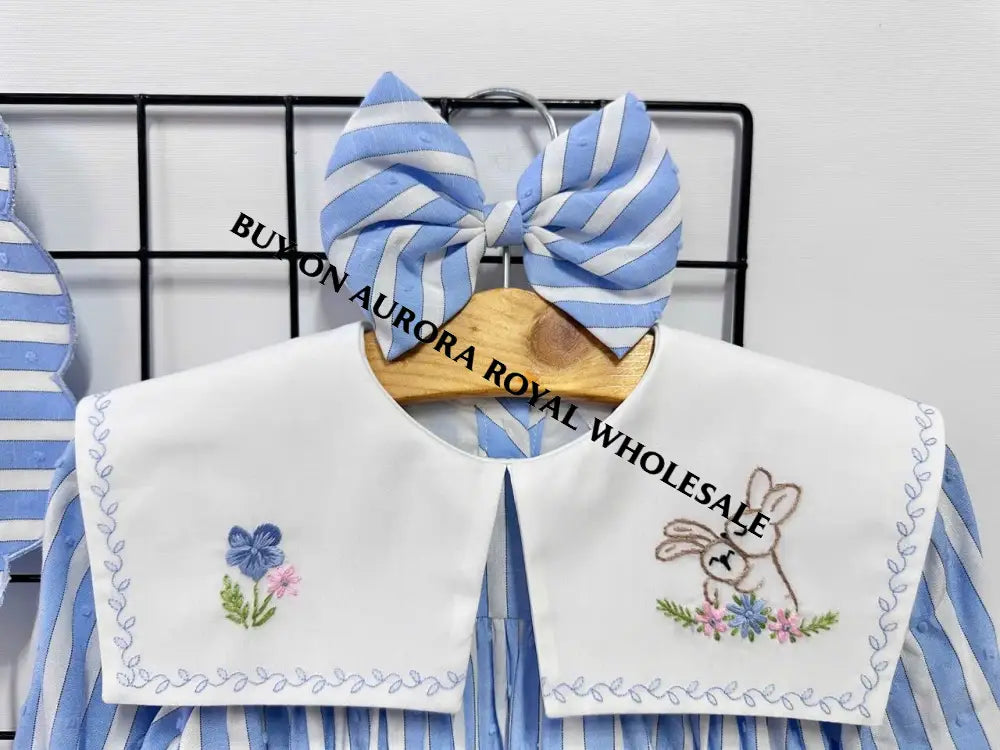 NEW🤩PACK OF 4 SIZES VIVI BLUE🩵STRIPED HAND EMBROIDERED🧵🪡BABY ROMPER BIB & HAIR ACCESSORIES🎀 BABY/TODDLER OUTFIT