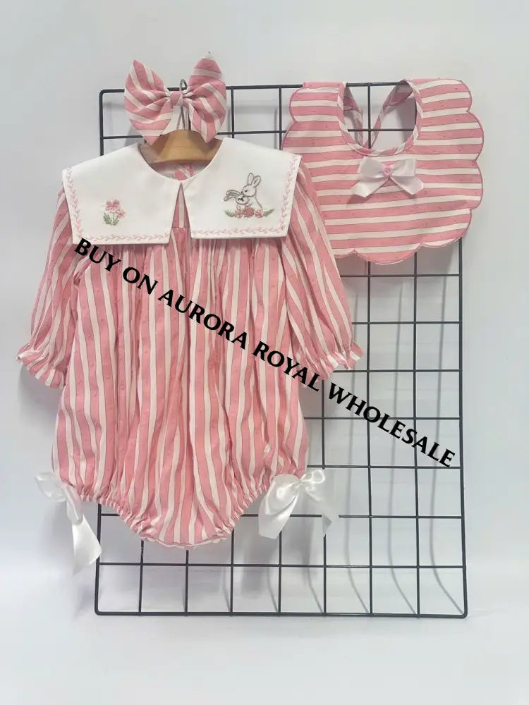 NEW🤩PACK OF 4 SIZES VIVI CORAL🪸STRIPED HAND EMBROIDERED🧵🪡BABY ROMPER BIB & HAIR ACCESSORIES🎀 BABY/TODDLER OUTFIT