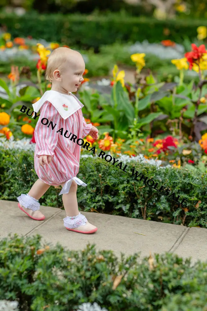 NEW🤩PACK OF 4 SIZES VIVI CORAL🪸STRIPED HAND-EMBROIDERED🧵🪡BABY ROMPER BIB & HAIR ACCESSORIES🎀 BABY/TODDLER OUTFIT