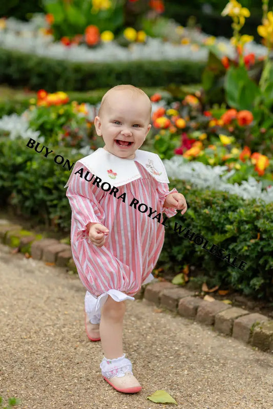 NEW🤩PACK OF 4 SIZES VIVI CORAL🪸STRIPED HAND-EMBROIDERED🧵🪡BABY ROMPER BIB & HAIR ACCESSORIES🎀 BABY/TODDLER OUTFIT