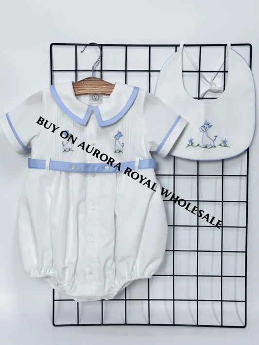 NEW🤩PACK OF 5 SIZES BAMBINO WHITE HAND EMBROIDERED🧵🪡BABY BOYS ROMPER & BIB🦒 BABY/TODDLER OUTFIT