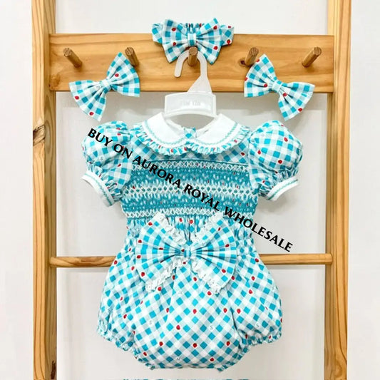 Pack Of 5 Sizes Chloe 🍓Blue Check Baby Girls Hand-Smocked Outfit & Headband Baby-Toddler