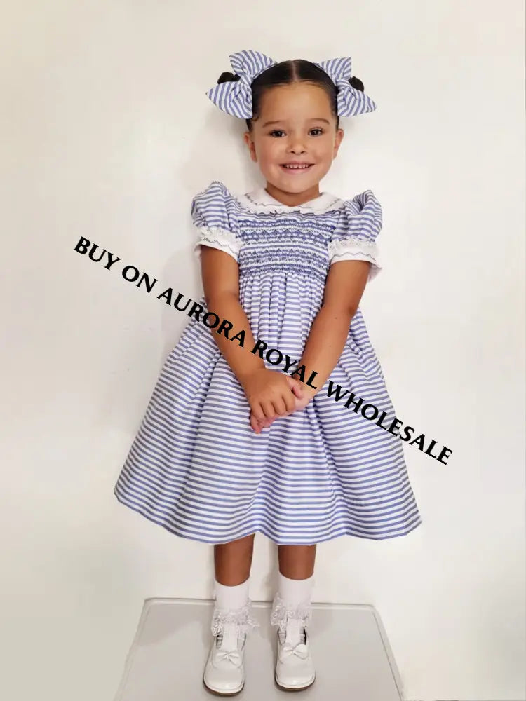 🤩Pack Of 5 Sizes Melanie Blue Stripes Hand-Smocked Dress & Bows🎀🎀 Baby-Toddler Dresses