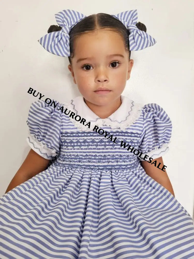 🤩Pack Of 5 Sizes Melanie Blue Stripes Hand-Smocked Dress & Bows🎀🎀 Baby-Toddler Dresses