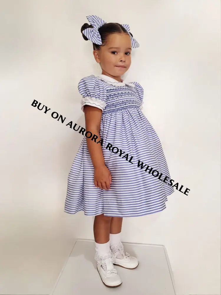 🤩Pack Of 5 Sizes Melanie Blue Stripes Hand-Smocked Dress & Bows🎀🎀 Baby-Toddler Dresses