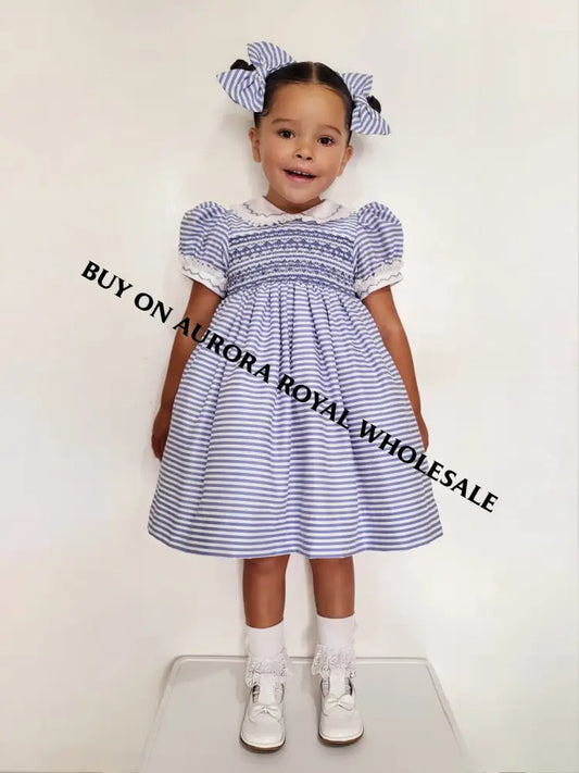 🤩Pack Of 5 Sizes Melanie Blue Stripes Hand-Smocked Dress & Bows🎀🎀 Baby-Toddler Dresses