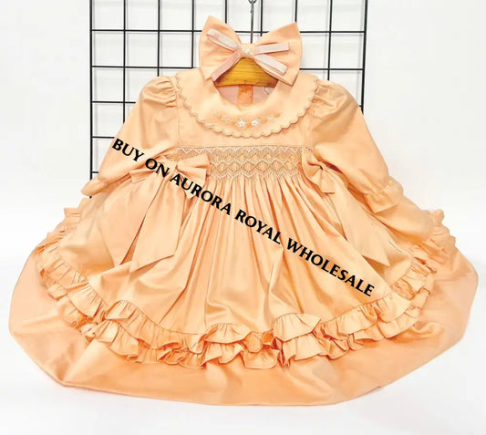 Pack Of 5 Sizes 🤩New Emma Peachy/Orange🌸Hand-Smock Dress & Headband Or Bows🎀🎀 Baby-Toddler Dresses