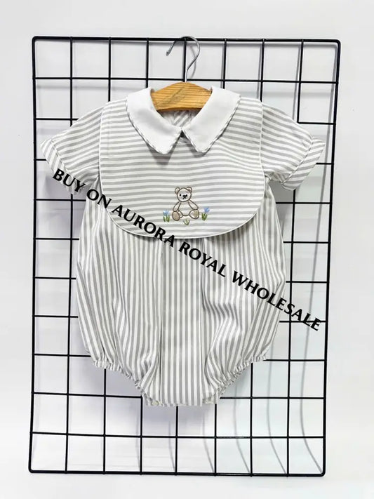 NEW🤩PACK OF 5 SIZES TEDDY SILVER/GREY🩶STRIPED HAND EMBROIDERED🧵🪡BABY BOYS ROMPER & BIB🧸 BABY/TODDLER OUTFIT