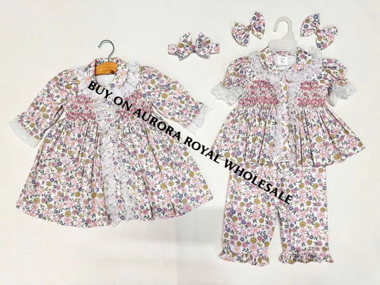 NEW🤩PACK OF 6 SIZES SUNNY PINK FLORAL🌸HAND-SMOCKED🧵🪡PYJAMA GOWN & HAIR BOWS🎀 BABY/TODDLER OUTFIT
