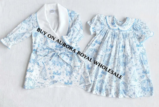 PRE-ORDER & GET IT NEXT WEEK‼️NEW😍Baby/Toddler Girls Blue Christmas Print❄️❄️ Nightdress & Dressing Gown & Hair