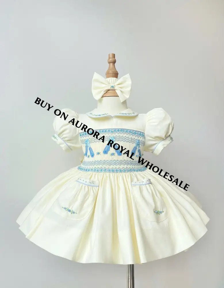PRE-ORDER & GET IT NEXT WEEK‼️NEW😍LINA BALLERINA🩰PACK OF 5 SIZES CREAM & BLUE🩵HAND-SMOCKED🧵🪡DRESS & ACCESSORIES🎀 - DRESS