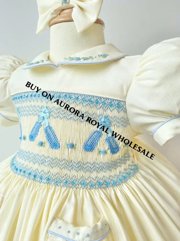 PRE-ORDER & GET IT NEXT WEEK‼️NEW😍LINA BALLERINA🩰PACK OF 5 SIZES CREAM & BLUE🩵HAND-SMOCKED🧵🪡DRESS & ACCESSORIES🎀 - DRESS
