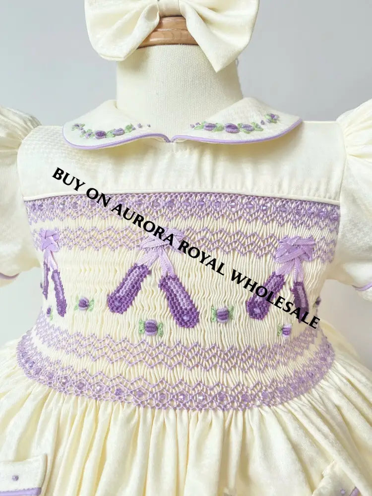 PRE-ORDER & GET IT NEXT WEEK‼️NEW😍LINA BALLERINA🩰PACK OF 5 SIZES CREAM & LILAC💜HAND-SMOCKED🧵🪡DRESS & ACCESSORIES🎀