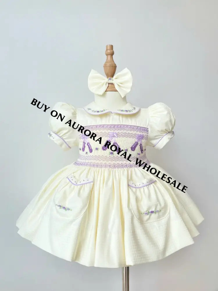 PRE-ORDER & GET IT NEXT WEEK‼️NEW😍LINA BALLERINA🩰PACK OF 5 SIZES CREAM & LILAC💜HAND-SMOCKED🧵🪡DRESS & ACCESSORIES🎀