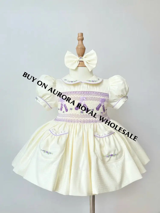 PRE-ORDER & GET IT NEXT WEEK‼️NEW😍LINA BALLERINA🩰PACK OF 5 SIZES CREAM & LILAC💜HAND-SMOCKED🧵🪡DRESS & ACCESSORIES🎀