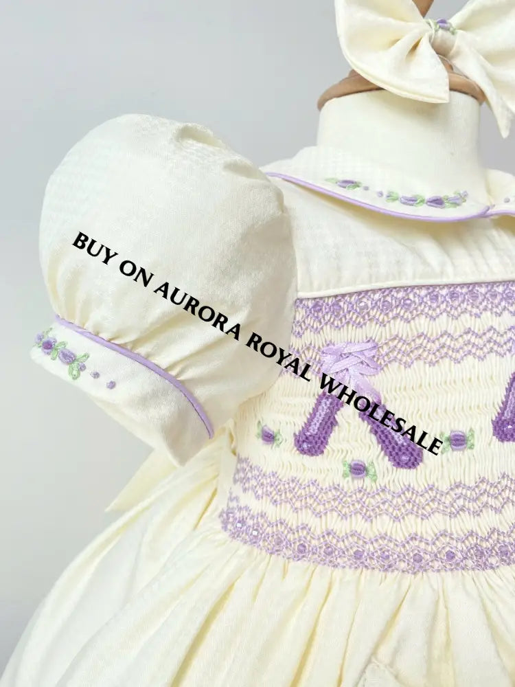 PRE-ORDER & GET IT NEXT WEEK‼️NEW😍LINA BALLERINA🩰PACK OF 5 SIZES CREAM & LILAC💜HAND-SMOCKED🧵🪡DRESS & ACCESSORIES🎀
