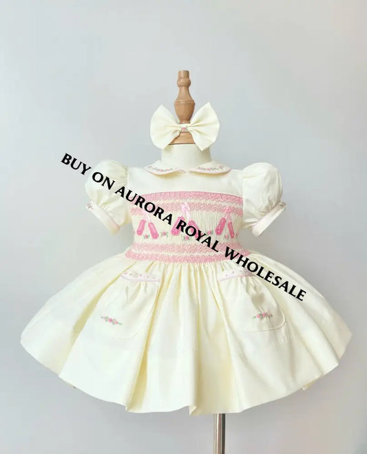 PRE-ORDER & GET IT NEXT WEEK‼️NEW🤩LINA BALLERINA🩰PACK OF 5 SIZES CREAM & PINK🌸HAND-SMOCKED🧵🪡DRESS & ACCESSORIES🎀 - DRESS