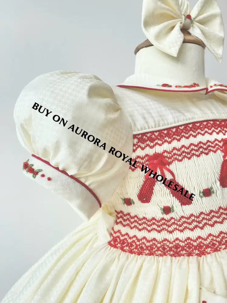 PRE-ORDER & GET IT NEXT WEEK‼️NEW🤩LINA BALLERINA🩰PACK OF 5 SIZES CREAM & RED🎄 HAND-SMOCKED🧵🪡DRESS & ACCESSORIES🎀 - DRESS