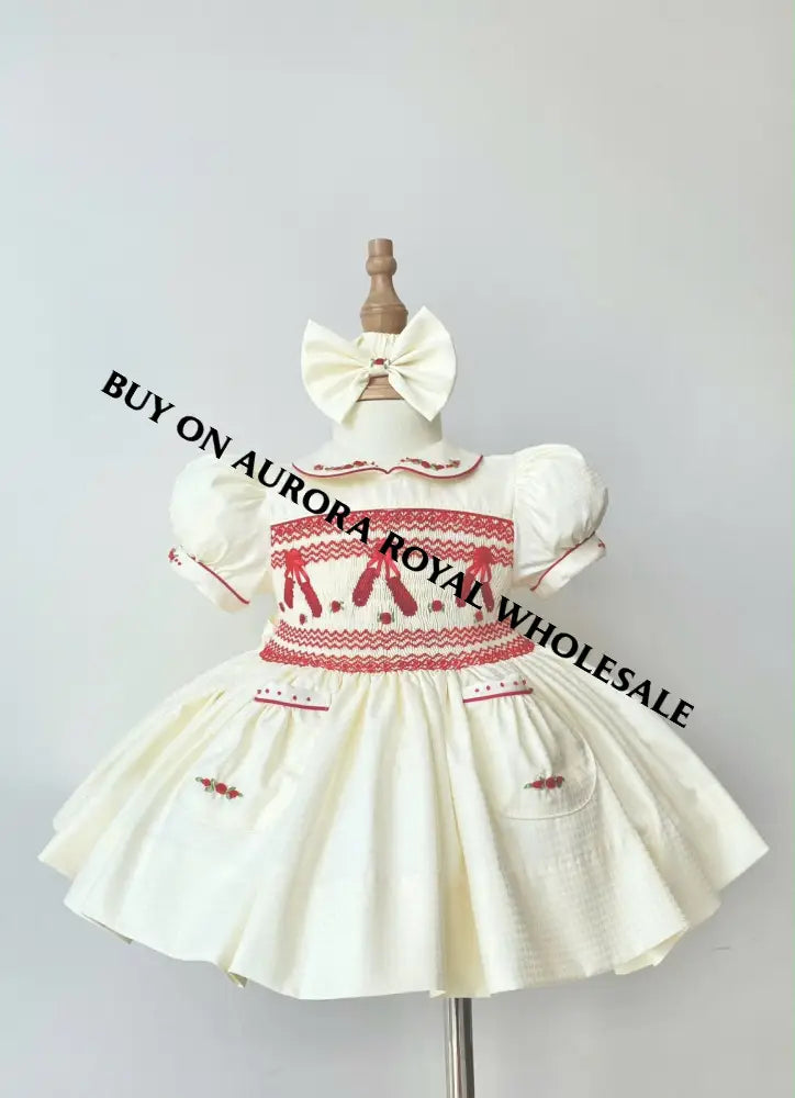 PRE-ORDER & GET IT NEXT WEEK‼️NEW🤩LINA BALLERINA🩰PACK OF 5 SIZES CREAM & RED🎄 HAND-SMOCKED🧵🪡DRESS & ACCESSORIES🎀 - DRESS