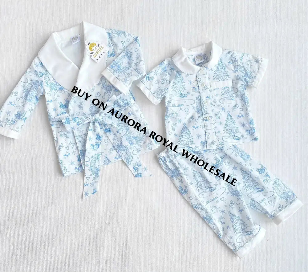 PRE-ORDER & GET IT NEXT WEEK‼️NEW PACK OF 5 SIZES 🤩Boys Blue Custom Print❄️❄️Pyjamas & Dressing Gown Set😴 - ROMPER