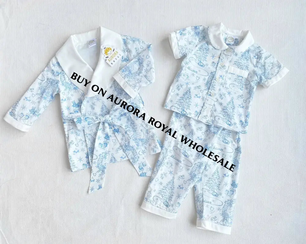 PRE-ORDER & GET IT NEXT WEEK‼️NEW PACK OF 5 SIZES 🤩Boys Blue Custom Print❄️❄️Pyjamas & Dressing Gown Set😴 - ROMPER