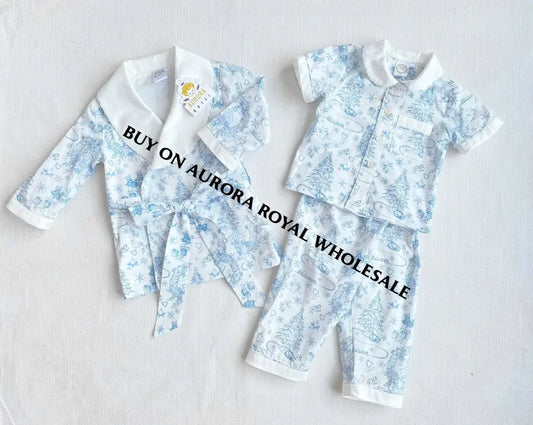 PRE-ORDER & GET IT NEXT WEEK‼️NEW PACK OF 5 SIZES 🤩Boys Blue Custom Print❄️❄️Pyjamas & Dressing Gown Set😴 - ROMPER