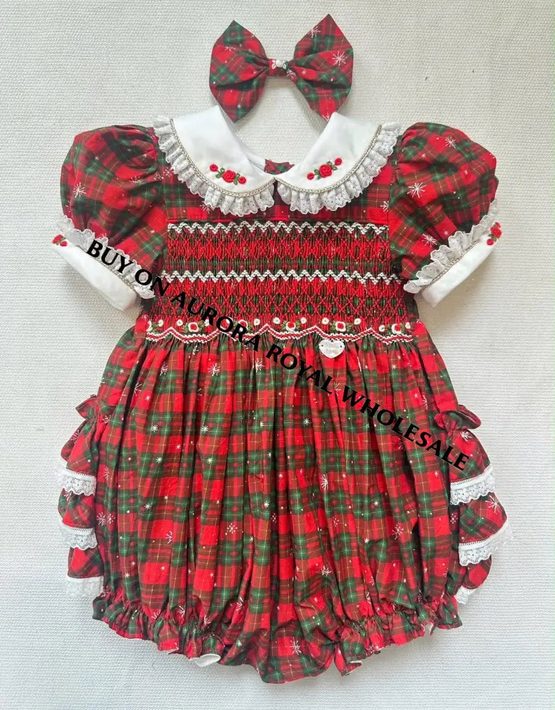 PRE-ORDER & GET IT NEXT WEEK‼️NEW😍PACK OF 5 SIZES MAGGIE👑BABY GIRLS TARTAN🎄HAND-SMOCKED ROMPER & ACCESSORIES🎀 - ROMPER