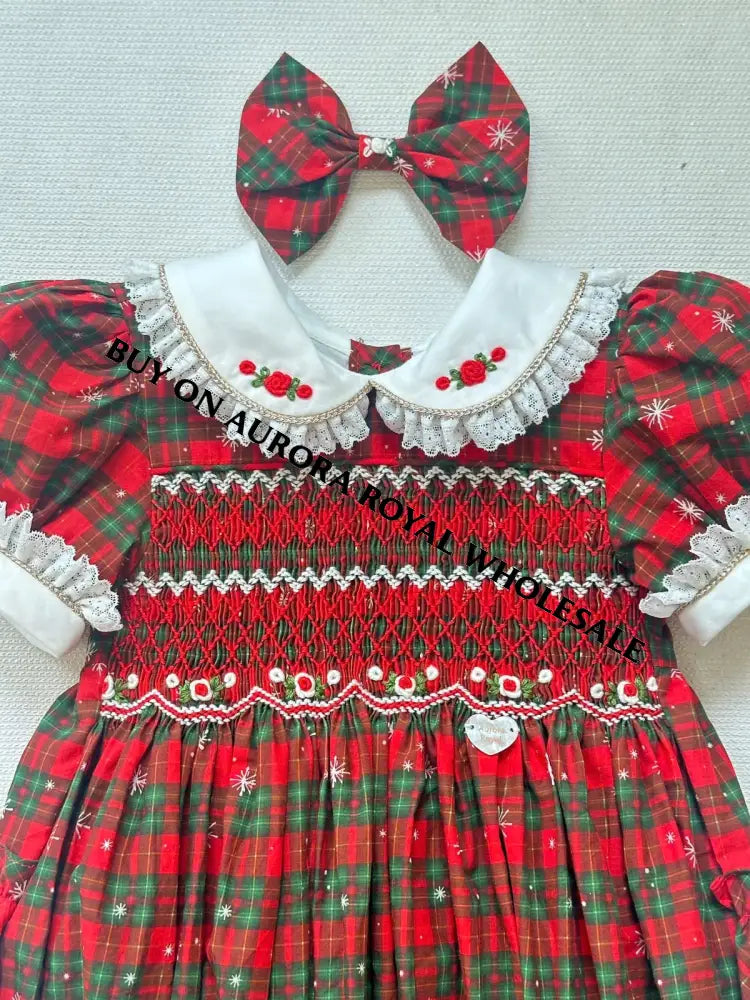 PRE-ORDER & GET IT NEXT WEEK‼️NEW😍PACK OF 5 SIZES MAGGIE👑BABY GIRLS TARTAN🎄HAND-SMOCKED ROMPER & ACCESSORIES🎀 - ROMPER