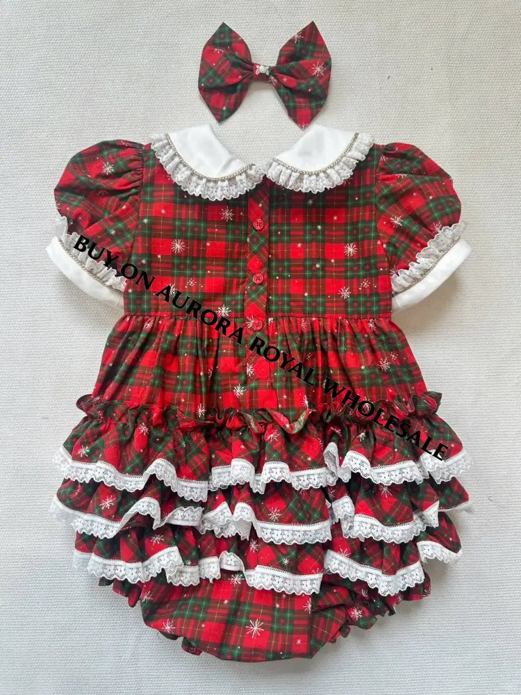 PRE-ORDER & GET IT NEXT WEEK‼️NEW😍PACK OF 5 SIZES MAGGIE👑BABY GIRLS TARTAN🎄HAND-SMOCKED ROMPER & ACCESSORIES🎀 - ROMPER