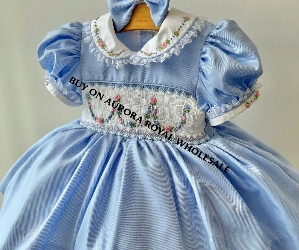 PRE-ORDER & GET IT NEXT WEEK! NEW🤩PACK OF 5 SIZES MARY👑SKY BLUE HAND-SMOCKED🧵🪡DRESS PANTIES & HAIR ACCESSORIES🎀