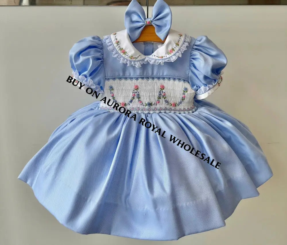 PRE-ORDER & GET IT NEXT WEEK! NEW🤩PACK OF 5 SIZES MARY👑SKY BLUE HAND-SMOCKED🧵🪡DRESS PANTIES & HAIR ACCESSORIES🎀