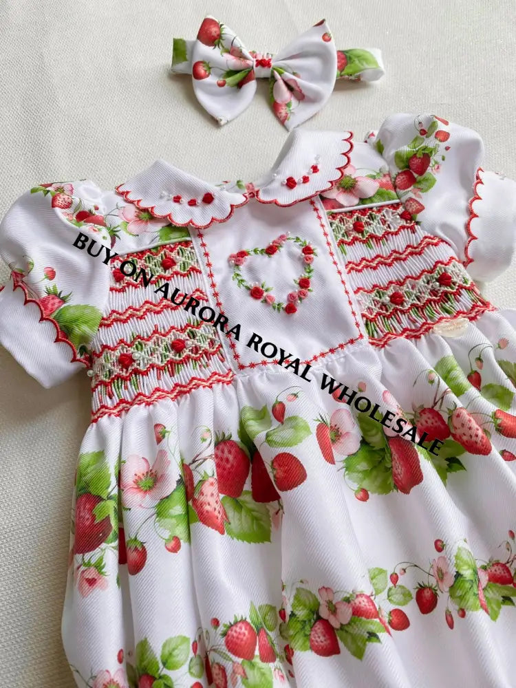PRE-ORDER & GET IT NEXT WEEK‼️NEW👼❤️PACK OF 5 SIZES STRAWBERRY BLOSSOM🍓🧁HAND-SMOCKED🧵🪡👑BABY ROMPER & HAIR ACCESSORIES👼🎀