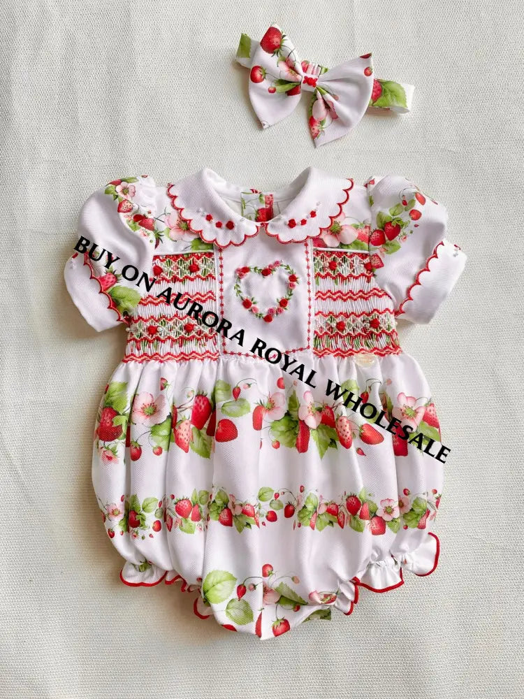 PRE-ORDER & GET IT NEXT WEEK‼️NEW👼❤️PACK OF 5 SIZES STRAWBERRY BLOSSOM🍓🧁HAND-SMOCKED🧵🪡👑BABY ROMPER & HAIR ACCESSORIES👼🎀