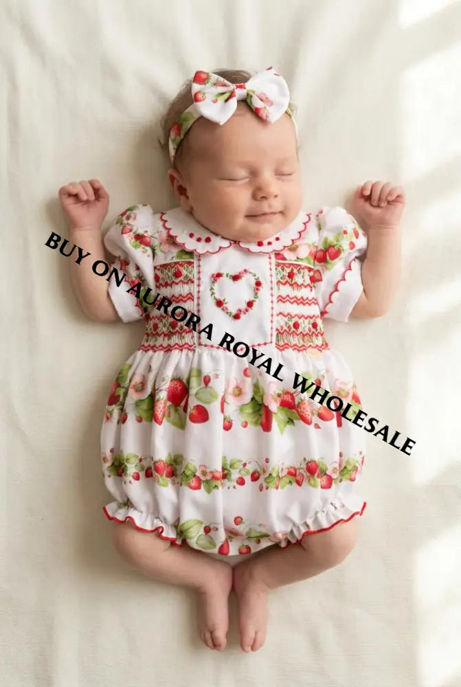 PRE-ORDER & GET IT NEXT WEEK‼️NEW👼❤️PACK OF 5 SIZES STRAWBERRY BLOSSOM🍓🧁HAND-SMOCKED🧵🪡👑BABY ROMPER & HAIR ACCESSORIES👼🎀