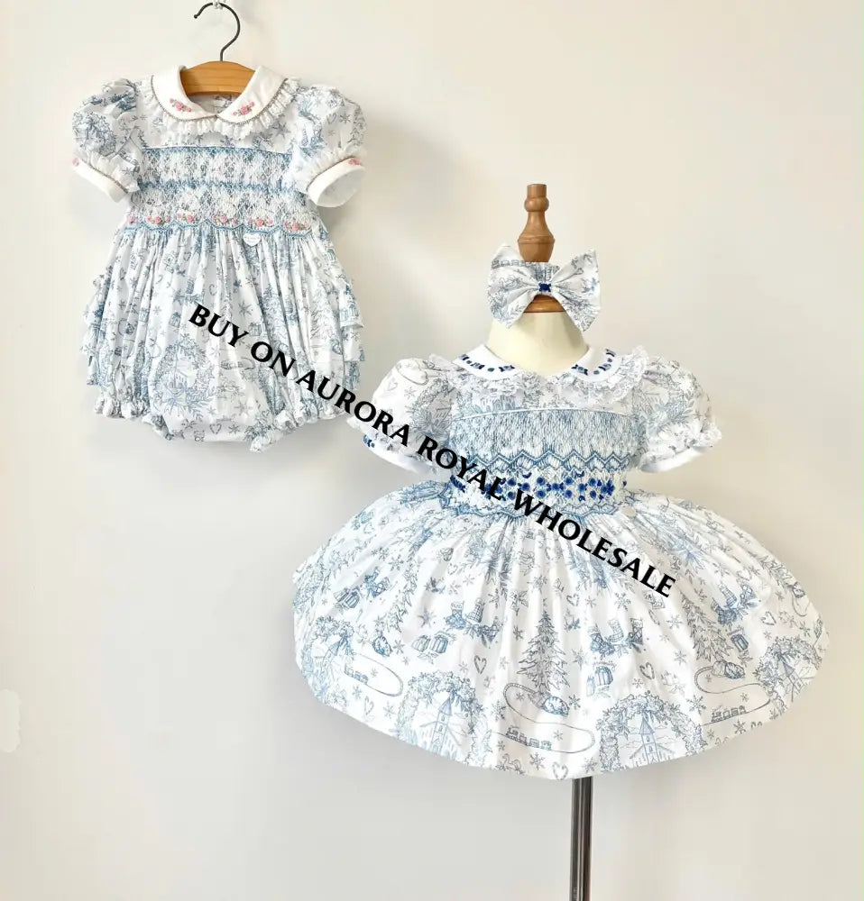 PRE-ORDER & GET IT NEXT WEEK‼️NEW😍PACK OF 6 SIZES MARGARET CUSTOM PRINTED❄️☃️HAND-SMOCKED🧵🙏🏻DRESS & ACCESSORIES🎀 - DRESS