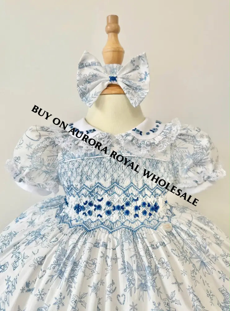 PRE-ORDER & GET IT NEXT WEEK‼️NEW😍PACK OF 6 SIZES MARGARET CUSTOM PRINTED❄️☃️HAND-SMOCKED🧵🙏🏻DRESS & ACCESSORIES🎀 - DRESS