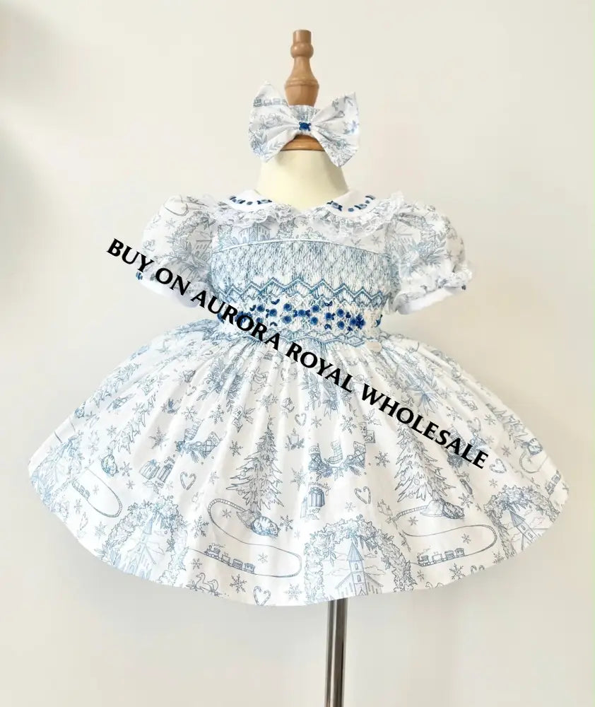 PRE-ORDER & GET IT NEXT WEEK‼️NEW😍PACK OF 6 SIZES MARGARET CUSTOM PRINTED❄️☃️HAND-SMOCKED🧵🙏🏻DRESS & ACCESSORIES🎀 - DRESS