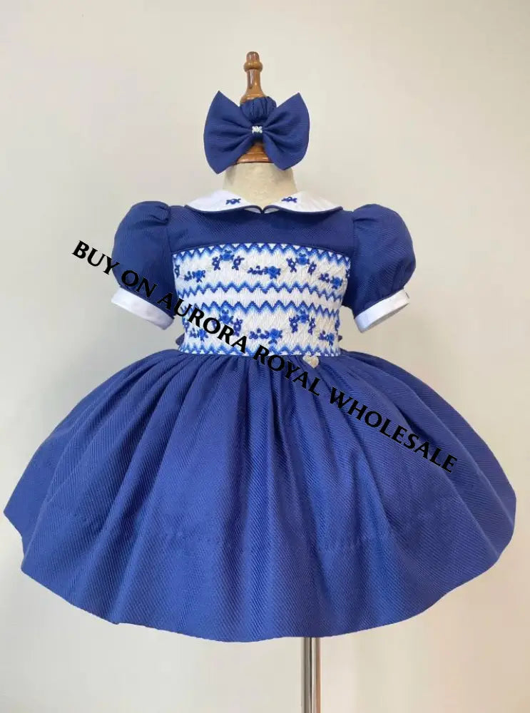 PRE-ORDER & GET IT NEXT WEEK‼️NEW😍PACK OF 6 SIZES VICKY ROYAL BLUE❄️HAND-SMOCKED🧵🪡DRESS & ACCESSORIES🎀🎄