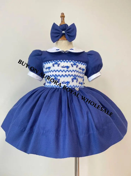 PRE-ORDER & GET IT NEXT WEEK‼️NEW😍PACK OF 6 SIZES VICKY ROYAL BLUE❄️HAND-SMOCKED🧵🪡DRESS & ACCESSORIES🎀🎄